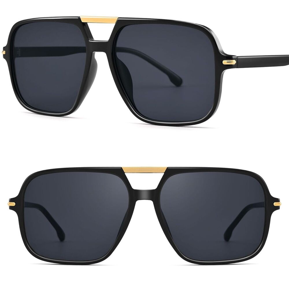 Oversized Unisex Black Gold Square Pilot Double Bridge Tinted Retro Sunglasses